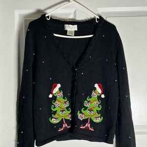 Charming Black Holiday Cardigan with Christmas Tree Design